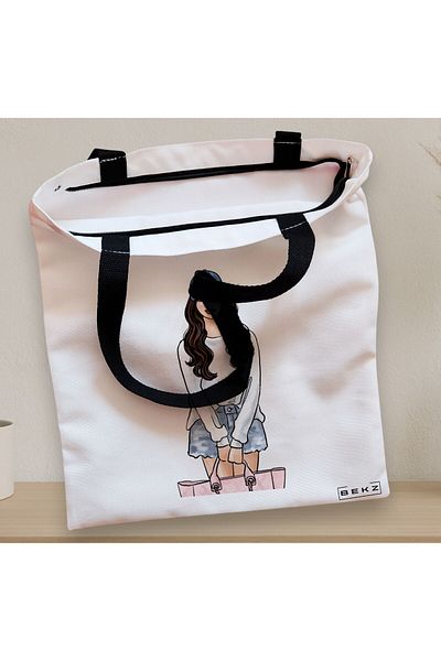 BEKZ Textile Bag With Zipper, Tote Bag Travel Girl 6, 38x34.5 Cm, ​​White, ®