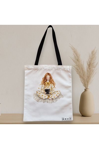 BEKZ Sacosa Textila Cu Fermoar, Geanta Tote, Model The Bookie Girl 38 X 34.5 Cm, Alb, ®