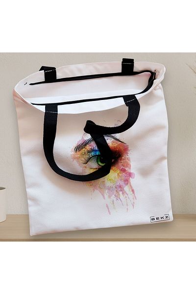 BEKZ Textile Bag With Zipper, Tote Bag, Eye Art Pattern, 38x34.5 Cm, ​​White, ®