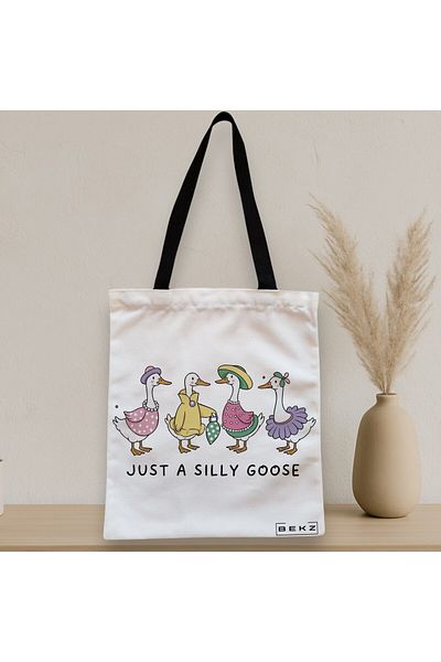 BEKZ Sacosa Textila Cu Fermoar, Geanta Tote, Model Just A Silly Goose 1 38 X 34.5 Cm, Alb, ®