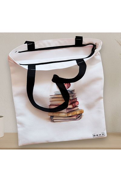 BEKZ Sacosa Textila Cu Fermoar, Geanta Tote, Model Books 31 38 X 34.5 Cm, Alb, ®