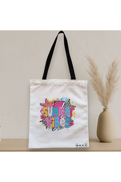 BEKZ Sacosa Textila Cu Fermoar, Geanta Tote, Model Summer Vibes 2, 38 X 34.5 Cm, Alb, ®