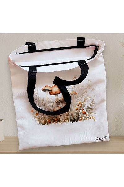 BEKZ Sacosa Textila Cu Fermoar, Geanta Tote Colorful Mushrooms 12, 38x34.5 Cm, Alba, ®