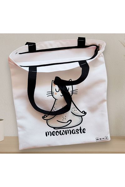 BEKZ Textile Bag With Zipper, Yoga Tote Bag Meowmaste, 38x34.5 Cm, ​​White, ®