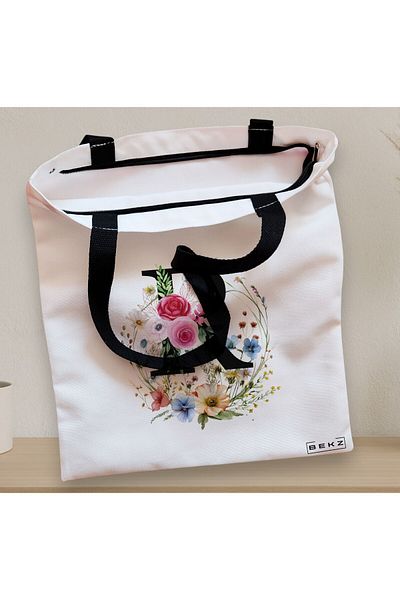 BEKZ Sacosa Textila Cu Fermoar, Geanta Tote, Cu Litera R In Coronita Florala, 38x34.5 Cm, Alba, ®