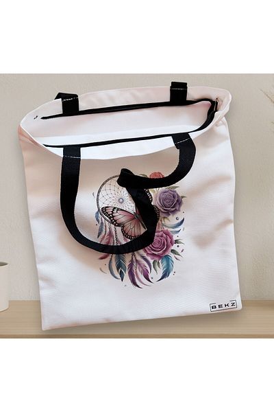 BEKZ Sacosa Textila Cu Fermoar, Geanta Tote, Model Flowers And Butterfly 38 X 34.5 Cm, Alb, ®