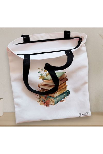 BEKZ Sacosa Textila Cu Fermoar, Geanta Tote, Model Pile Of Books, 38x34.5 Cm, Alba, ®