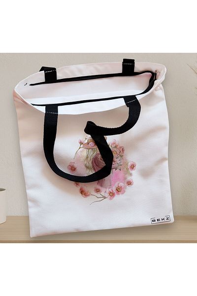 BEKZ Sacosa Textila Cu Fermoar, Geanta Tote, Model Floral Romance, 38x34.5 Cm, Alba, ®