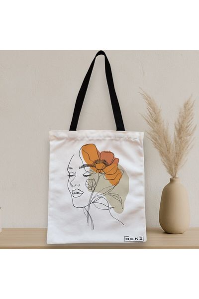 BEKZ Sacosa Textila Cu Fermoar, Geanta Tote, Flower Lady 12, 38x34.5 Cm, Alba, ®