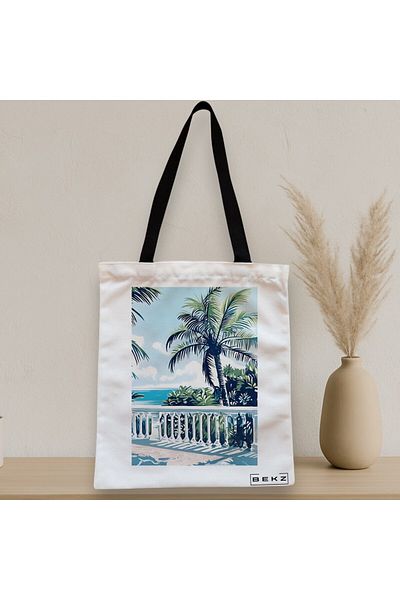 BEKZ Sacosa Textila Cu Fermoar, Geanta Tote, Model Tropical Sunset 2 38 X 34.5 Cm, Alb, ®