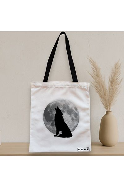BEKZ Textile Bag With Zipper, Tote Bag, Wolf And Moon Pattern, 38x34.5 Cm, ​​White, ®
