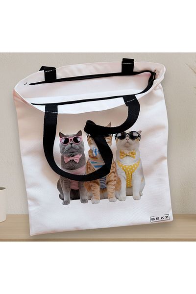 BEKZ Sacosa Textila Cu Fermoar, Geanta Tote, Model Catlife 38 X 34.5 Cm, Alb, ®