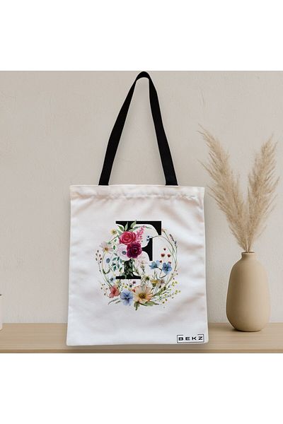 BEKZ Sacosa Textila Cu Fermoar, Geanta Tote, Cu Litera F In Coronita Florala, 38x34.5 Cm, Alba, ®