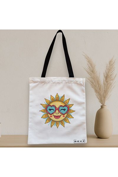 BEKZ Sacosa Textila Cu Fermoar, Geanta Tote, Model Sun Faces 7 38 X 34.5 Cm, Alb, ®