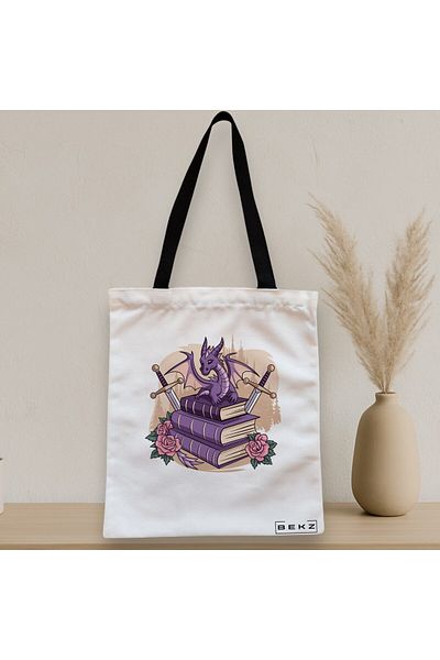 BEKZ Textile Bag With Zipper, Tote Bag, Dragon Books Model 38 X 34.5 Cm, ​​White, ®