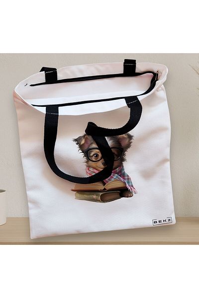 BEKZ Sacosa Textila Cu Fermoar, Geanta Tote, Model Reading Puppy 21 38 X 34.5 Cm, Alb, ®