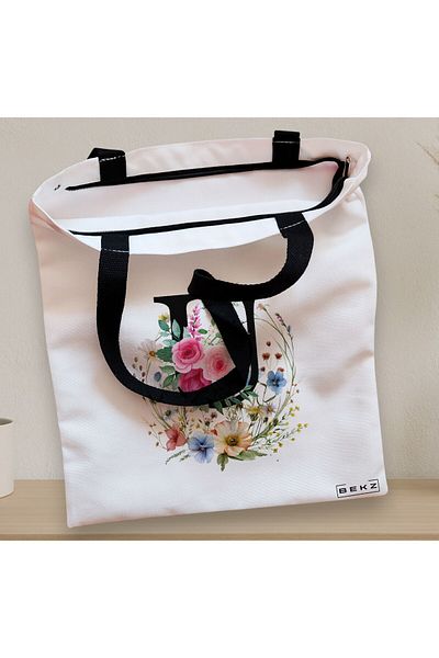 BEKZ Textile Bag With Zipper, Tote Bag, With Letter U In Floral Wreath, 38x34.5 Cm, ​​White, ®