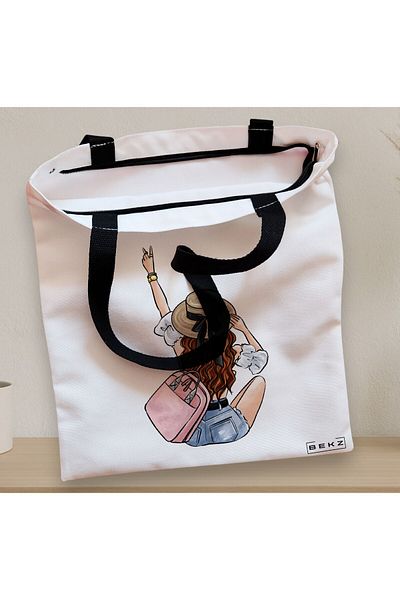 BEKZ Sacosa Textila Cu Fermoar, Geanta Tote Travel Girl 8, 38x34.5 Cm, Alba, ®