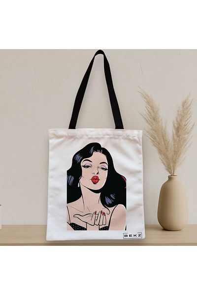 BEKZ Sacosa Textila Cu Fermoar, Geanta Tote, Model Stylish Girl, 38x34.5 Cm, Alba, ®