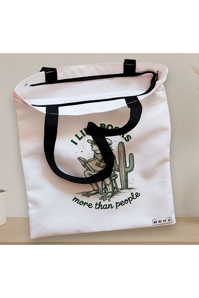 BEKZ Zippered Textile Bag, Tote Bag, Model I Like Books More Than People 38 X 34.5 Cm, ​​White, ®