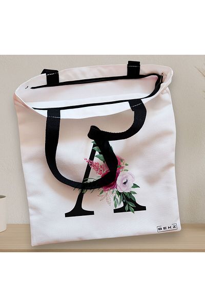BEKZ Sacosa Textila Cu Fermoar, Geanta Tote, Cu Litera A Si Trandafiri, 38x34.5 Cm, Alba, ®