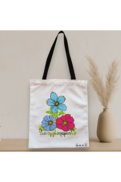 BEKZ Sacosa Textila Cu Fermoar, Geanta Tote, Model Flower Watecolor 2, 38 X 34.5 Cm, Alb, ®