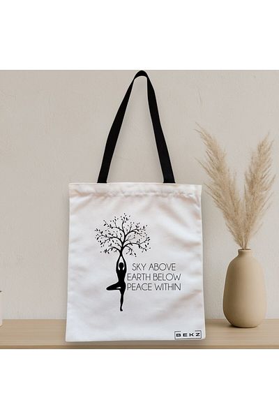BEKZ Sacosa Textila Cu Fermoar, Geanta Tote Yoga Sky Above Earth Peace Within, 38x34.5 Cm, Alba, ®