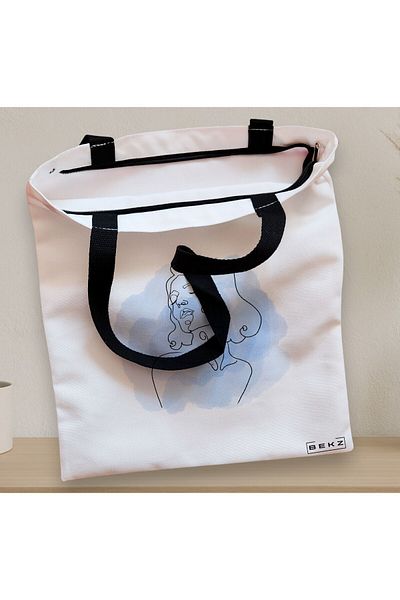 BEKZ Sacosa Textila Cu Fermoar, Geanta Tote, Model Portret Feminin Minimalist, 38x34.5 Cm, Alba, ®