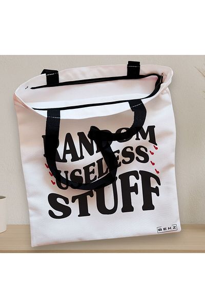BEKZ Sacosa Textila Cu Fermoar, Geanta Tote, Model Random Useless Stuff, 38x34.5 Cm, Alba, ®
