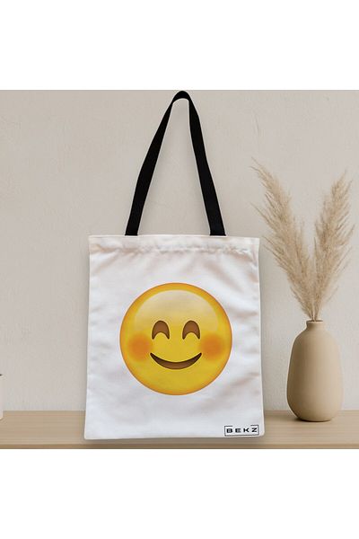 BEKZ Textile Bag With Zipper, Tote Bag, Smiling Emoji Pattern, 38x34.5 Cm, ​​White, ®