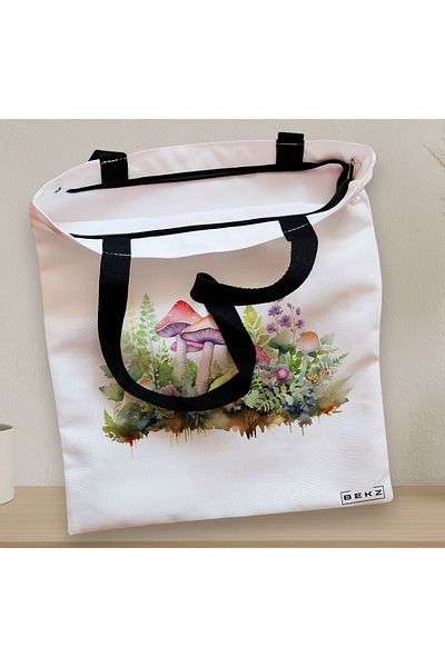 BEKZ Sacosa Textila Cu Fermoar, Geanta Tote Colorful Mushrooms 11, 38x34.5 Cm, Alba, ®