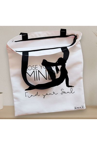 BEKZ Sacosa Textila Cu Fermoar, Geanta Tote Yoga Lose Your Mind Find Your Soul, 38x34.5 Cm, Alba, ®