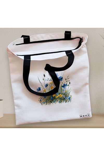 BEKZ Sacosa Textila Cu Fermoar, Geanta Tote, Model Flowers 6 38 X 34.5 Cm, Alb, ®