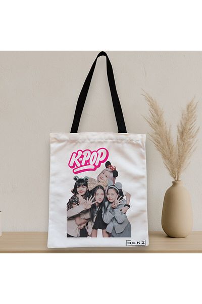 BEKZ Textile Bag With Zipper, Tote Bag, Blackpink K-pop Pattern, 38x34.5 Cm, ​​White, ®