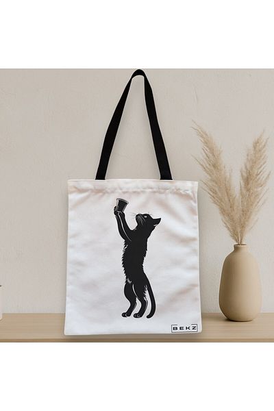 BEKZ Sacosa Textila Cu Fermoar, Geanta Tote, Model Caffeine Cat 7 38 X 34.5 Cm, Alb, ®