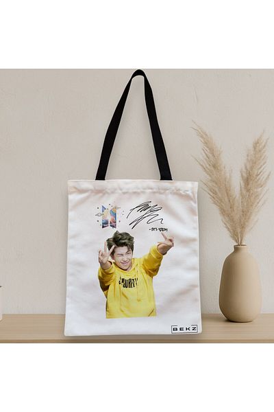 BEKZ Sacosa Textila Cu Fermoar, Geanta Tote, Model Bts Rm Cu Semnatura, 38x34.5 Cm, Alba, ®