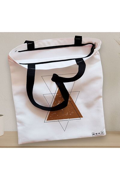 BEKZ Sacosa Textila Cu Fermoar, Geanta Tote, Model Triangles Art, 38x34.5 Cm, Alba, ®