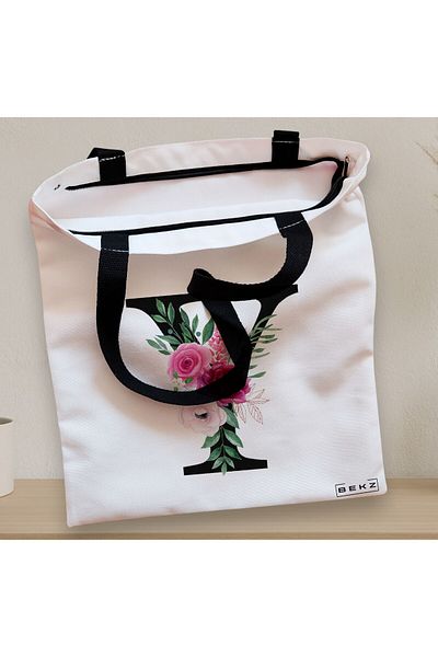 BEKZ Sacosa Textila Cu Fermoar, Geanta Tote, Cu Litera Y Si Trandafiri, 38x34.5 Cm, Alba, ®