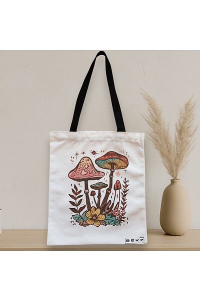 BEKZ Textile Bag With Zipper, Tote Bag Colorful Mushrooms 4, 38x34.5 Cm, ​​White, ®