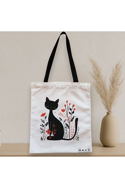 BEKZ Sacosa Textila Cu Fermoar, Geanta Tote, Model Cat And Flowers 11, 38 X 34.5 Cm, Alb, ®