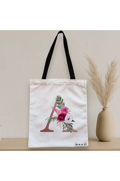 BEKZ Sacosa Textila Cu Fermoar, Geanta Tote, Cu Litera A Rose Gold Si Trandafiri, 38x34.5 Cm, Alba, ®
