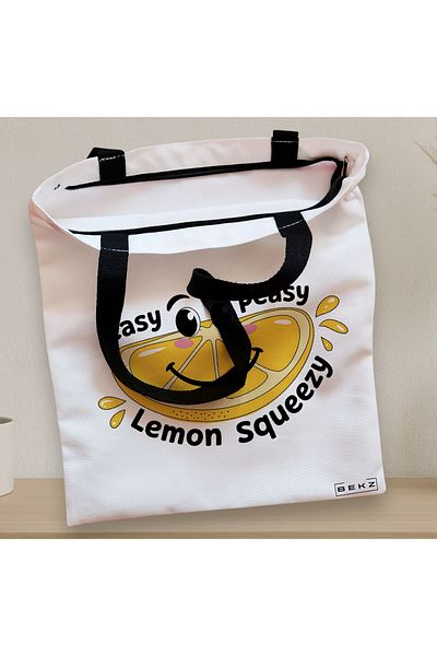 BEKZ Sacosa Textila Cu Fermoar, Geanta Tote, Model Easy Peasy Lemon Squeezy 38 X 34.5 Cm, Alb, ®