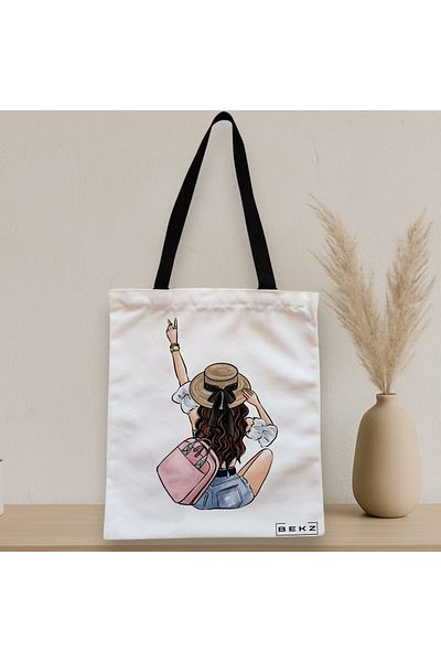 BEKZ Sacosa Textila Cu Fermoar, Geanta Tote Travel Girl 9, 38x34.5 Cm, Alba, ®