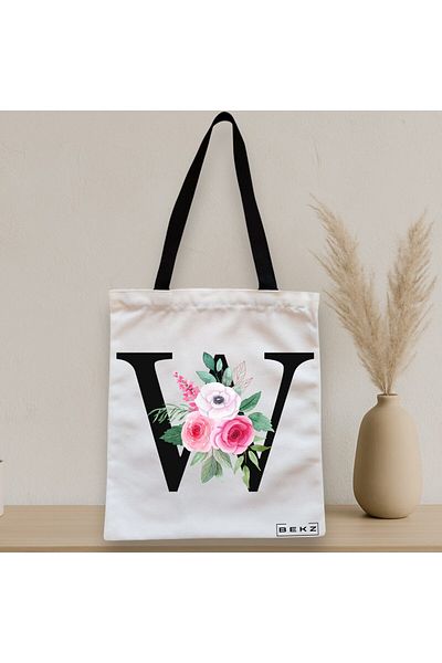 BEKZ Sacosa Textila Cu Fermoar, Geanta Tote, Cu Litera W Si Trandafiri, 38x34.5 Cm, Alba, ®