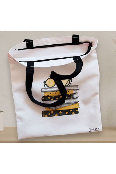 BEKZ Sacosa Textila Cu Fermoar, Geanta Tote, Model Books 19 38 X 34.5 Cm, Alb, ®