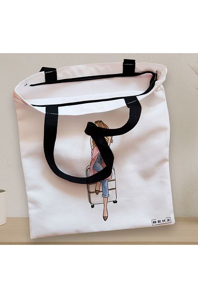 BEKZ Textile Bag With Zipper, Tote Bag Travel Girl 2, 38x34.5 Cm, ​​White, ®