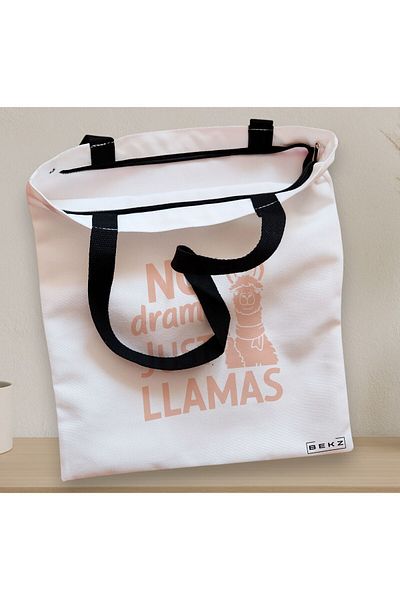 BEKZ Sacosa Textila Cu Fermoar, Geanta Tote, Model No Drama, Just Llamas, 38x34.5 Cm, Alba, ®