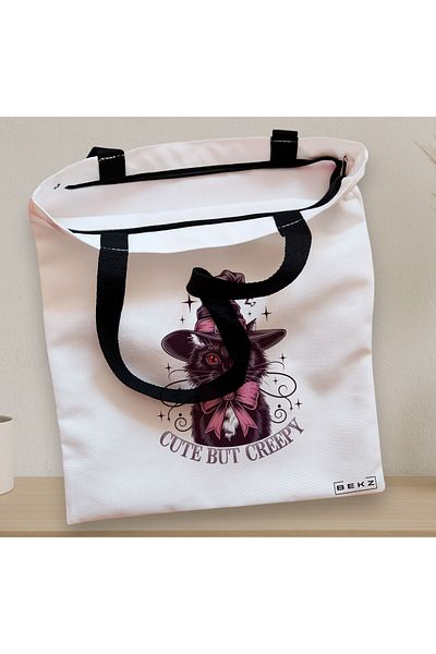 BEKZ Sacosa Textila Cu Fermoar, Geanta Tote, Model Cute But Creepy 38 X 34.5 Cm, Alb, ®
