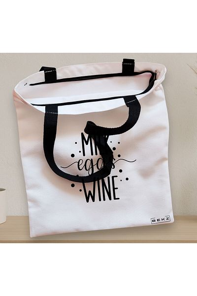 BEKZ Textile Bag With Zipper, Tote Bag, Milk Eggs Wine Model, 38x34.5 Cm, ​​White, ®