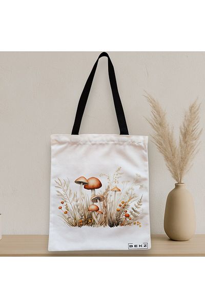 BEKZ Sacosa Textila Cu Fermoar, Geanta Tote Colorful Mushrooms 12, 38x34.5 Cm, Alba, ®